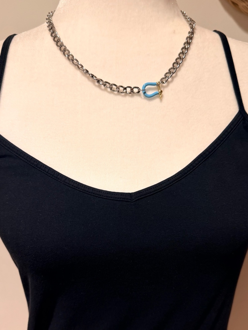 18” Silver Chain Necklace with Blue U Shape Carabiner w/ 18k gold accents ✨NWT